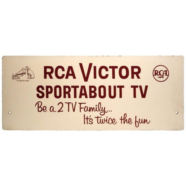 RCA Portable TV Advertising Sign Circa Mid-20th Century Brown Over Beige On Wood